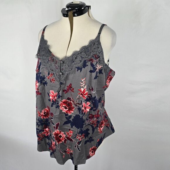 Torrid Camisole Women's 1X Gray Floral Sleeveless Lace Trim Buttons V-Neck NWT - Picture 16 of 16